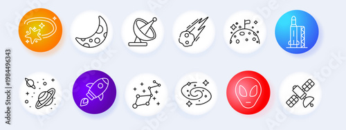Space astronomy set icon. Star moon antenna meteor planet rocket galaxy flag orbit constellation alien satellite line icons minimal outline style cosmic collection