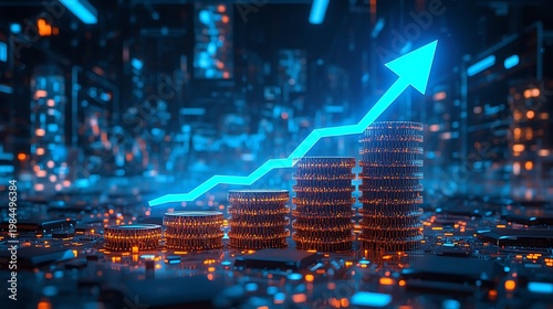 Generative Ai visualizes economic growth through illuminated digital coins and upward arrow