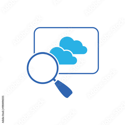 icon a co2 monitoring with magnifying glass over clouds, on a clean background.