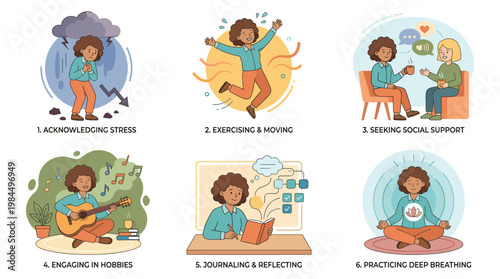 Person managing stress through exercise, social support, hobbies, journaling, and deep breathing