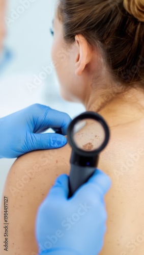 Dermatologist examining suspicious skin mole on woman shoulder with dermatoscope during dermatology screening, early melanoma detection, skin cancer prevention, teledermatology monitoring clinical