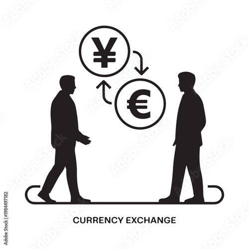 Currency exchange depicted with silhouettes and yen to euro conversion