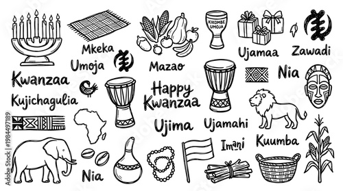 Kwanzaa celebration symbols and principles illustrated with African cultural elements and traditional objects