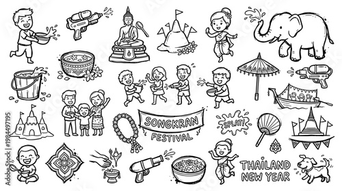 Doodle illustration of Thai New Year Songkran festival with happy people playing water guns elephants and traditional elements