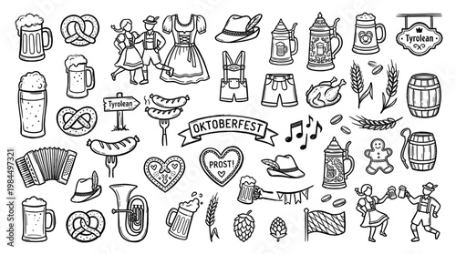 Oktoberfest celebration doodles with traditional Bavarian elements like beer mugs, pretzels, lederhosen, dirndl, and musical instruments, hand-drawn sketch style