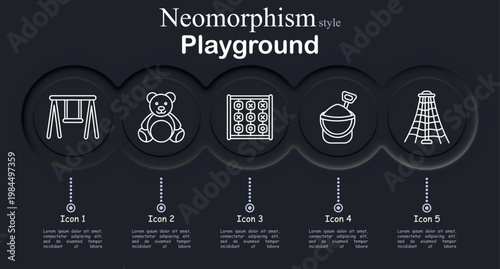 Playground set icon. Swing children activity, teddy toy friend, tic tac toe board game, bucket sandbox play, climbing rope pyramid, park entertainment, childhood recreation