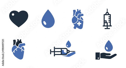 Medical icons representing heart health blood donation and vaccination.
