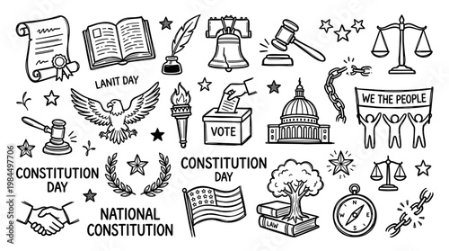 Collection of hand drawn symbols representing American constitution day national symbols and democratic process elements like voting and justice scales