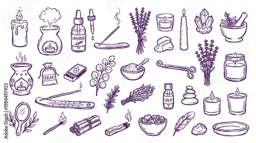 Aromatherapy and wellness collection of hand drawn elements for relaxation and self care including candles incense crystals and essential oils