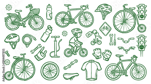 Collection of bicycle parts and accessories, cycling equipment, and a child riding a bike, hand-drawn sketch style