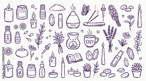 Hand drawn doodle illustration of aromatherapy and wellness items like essential oil bottles diffusers candles crystals and plants for relaxation and self care