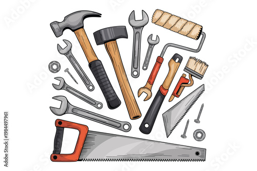 A vibrant collection of hand tools including hammers wrenches saws and measuring instruments arranged creatively on transparent background high-quality professional.