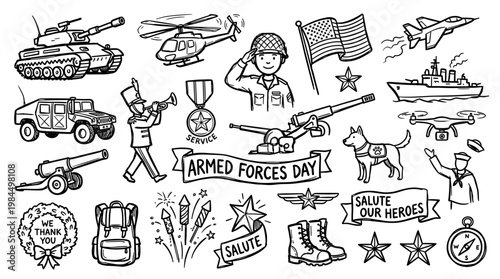 Collection of military symbols and elements celebrating armed forces day with patriotic themes and symbols of service and honor