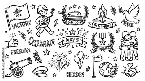 Victory Day celebration icons and symbols honoring heroes and remembrance of war veterans with military and peace elements