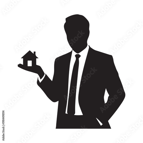A silhouette of a businessman presenting a small house in his hand