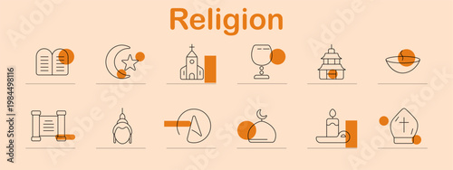 Religion set icon. Line symbols depict commandments tablet, crescent moon star, church building, chalice cup, pagoda temple, offering bowl, scroll scripture, buddha figure