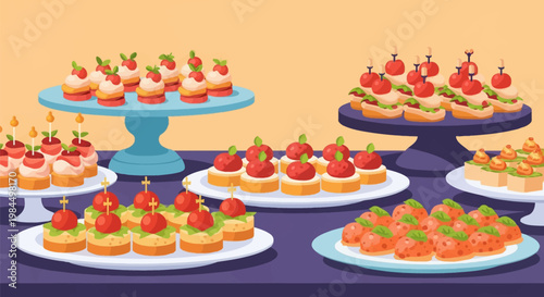 Vector illustration of a gourmet catering buffet table featuring various finger foods, including canapés with cherry tomatoes, basil, and cheese on multiple tiered stands and plates.