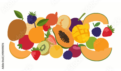 Colorful vibrant fruit illustration with tropical and fresh fruits for healthy lifestyle and culinary branding isolated on white