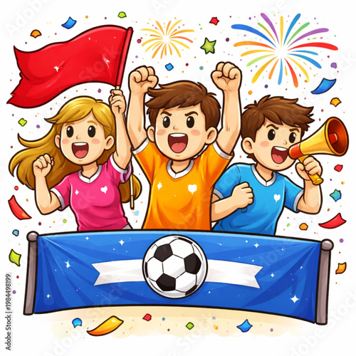 Group of Enthusiastic Soccer Fans Cheering with Flag, Megaphone, and Team Banner, Confetti and Fireworks Background, Cartoon Illustration