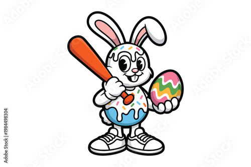 A cheerful cartoon bunny decorated like a donut holds a baseball bat and a colorful egg on transparent background high-quality.
