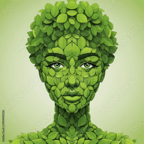 A stylized vector illustration of a female face and upper body composed entirely of overlapping green leaves, representing Mother Nature or ecological themes on a solid background.