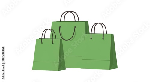 Set of three green paper gift bags in varying sizes with black handles isolated on a white background. Factual vector illustration for retail shopping, event favors, and branding.