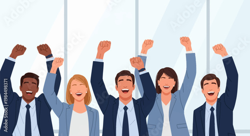 Vector illustration of a diverse group of five professional business people in suits cheering with their arms raised and fists clenched in celebration in an office setting.