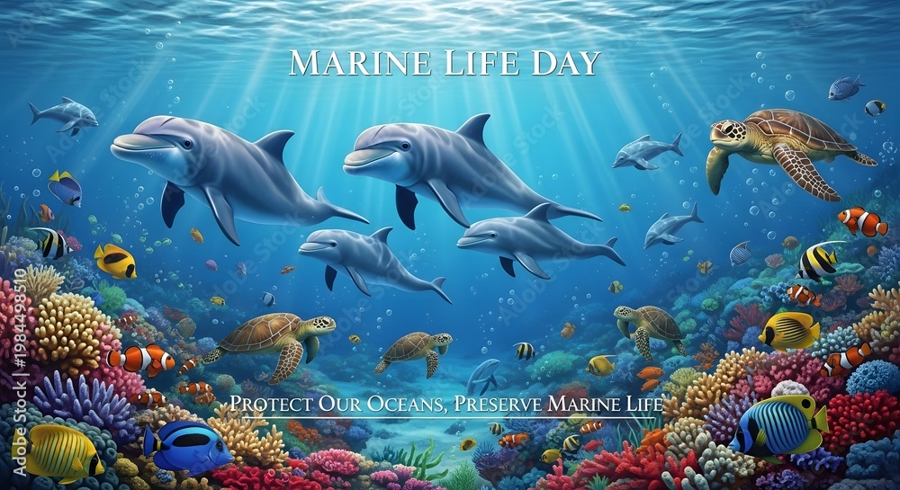 Obraz premium Marine life day illustration with dolphins turtles fish and coral reef.