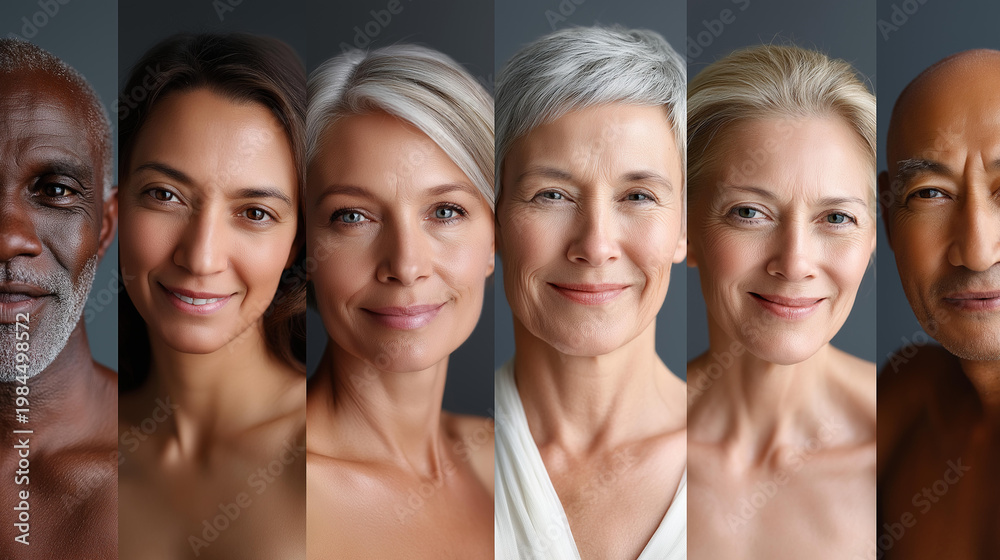 Obraz premium Portrait series of individuals of different ethnicities, ages, and body types celebrating diversity and natural beauty, wide aspect ratio, inclusive representation, with copy space