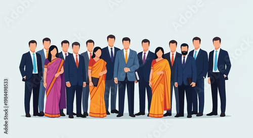 Vector illustration of a diverse group of Indian business professionals, including men wearing formal suits and women in traditional sarees, standing together in a corporate line.
