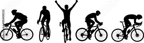Cyclist silhouettes set in different riding positions isolated on white background, road cycling athletes vector illustration for sport and fitness design