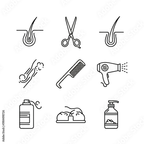 Vector set of nine black line icons for hair care and cosmetology featuring hair follicles, scissors, comb, hair dryer, aerosol spray, shaving foam, and liquid pump soap bottle.