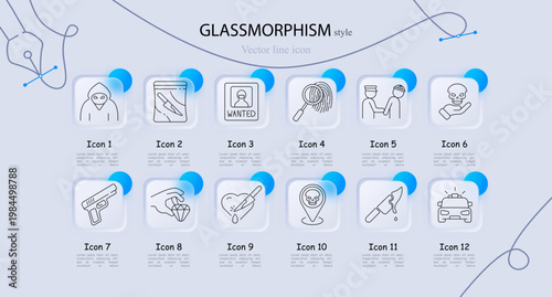 Crime investigation police set icon. Line symbols with hooded criminal, knife evidence bag, wanted poster, fingerprint magnifier, police arrest, skull poison symbol, handgun pistol