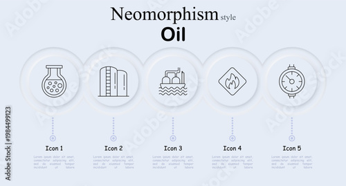 Oil set icon. Laboratory flask oil sample, refinery storage tanks, offshore oil platform vessel, flammable hazard sign, pressure gauge meter. Neomorphic circular buttons