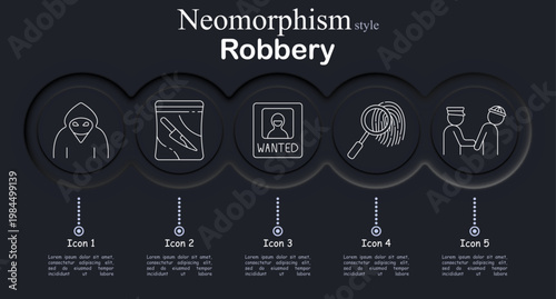 Robbery crime investigation set icon. Criminal hood mask, evidence knife bag, wanted poster suspect, fingerprint investigation, police arrest suspect