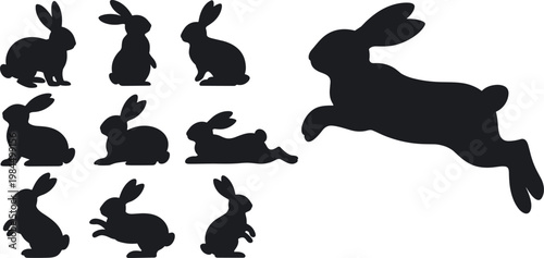 Set of rabbit silhouettes in various poses including jumping and sitting isolated on white background for animal design projects