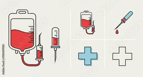 Medical Infusion Bag Syringe Dropper and Cross Icons.