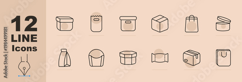 Packaging container set icon. Line icons with plastic box, paper bag, storage bin, cardboard box, shopping bag, cosmetic jar, bottle container, cup container, gift box, candy wrapper, shipping box