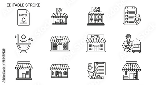 Vector line icon set featuring hotel buildings, storefronts with striped awnings, a decorative outdoor fountain, a uniformed hotel bellhop with a luggage cart, and reservation checklists.