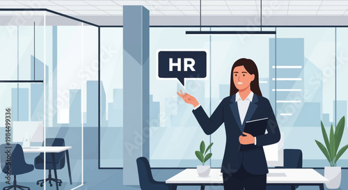 A female human resources professional wearing a dark suit stands in a modern office environment with glass walls and a city view, gesturing toward a speech bubble with the text HR.