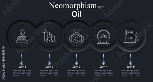Oil set icon. Neomorphic dark interface circles with line symbols of gas flame burner, oil pumpjack rig, pipeline valve drop, gas storage tank, fuel pump station