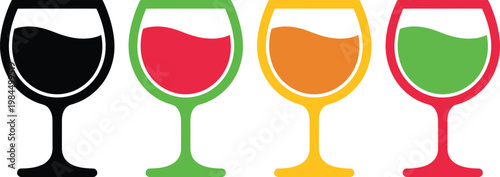 Four stylized wine glasses filled with different colored liquids