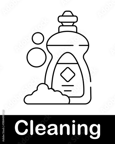 Dishwashing liquid bottle with foam line icon representing kitchen cleaning and detergent concept in minimal outline style