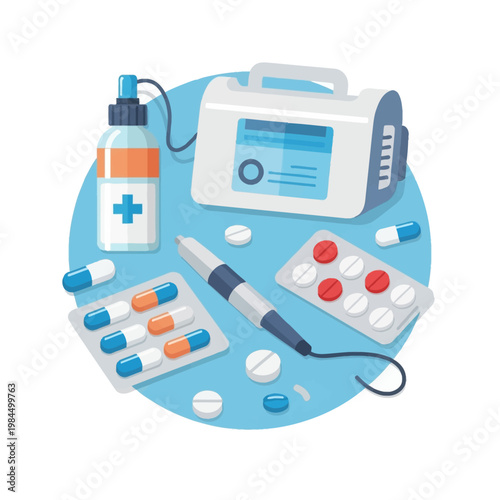 Vector illustration of medical supplies including pharmaceutical blister packs with capsules and tablets, medicine spray bottle, electronic medical device monitor, and handheld injector pen.