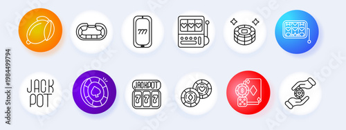 Casino gambling set icon. Lemon chips slot machine reel coins cards jackpot roulette hand bet line icons minimal outline style gaming objects collection.