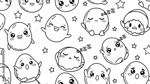 Black and white cartoon ghost faces with stars and sleepy expressions on white background