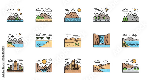 Set of fifteen vector landscape line icons including snow-capped mountains, tropical beaches, desert dunes, waterfalls, urban city skylines, forest lakes, and canyons in flat design.