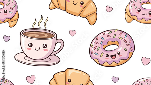 Cute cartoon donuts and croissants with smiling faces and a cup of coffee on a white background with hearts