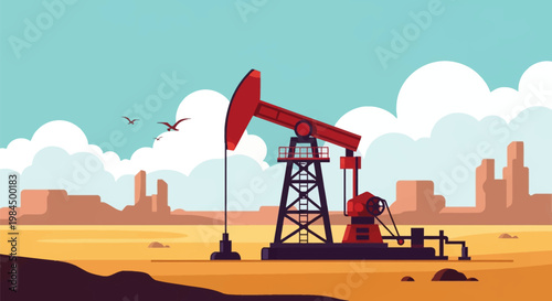 Vector illustration of a red and black oil pumpjack in a desert landscape with mesas, sand dunes, white clouds in a blue sky, and flying birds in flat design style.