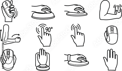 Line art illustrations of hands interacting with computer mice and gestures  various actions and movements shown